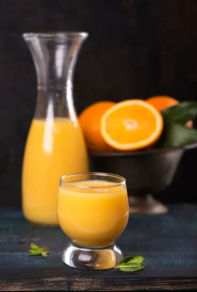 Glass Fresh Orange Juice Fresh Fruits Wooden Table — Stock Photo, Image