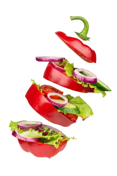 Beyaz Salata Kırmızı Domates Biber Salatalık Üst Manzara — Stok fotoğraf