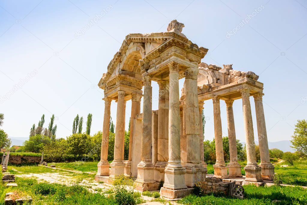 The Tetrapylon (monumental gate) at the archaeological site of Helenistic city of Aphrodisias in western Anatolia, Turkey.