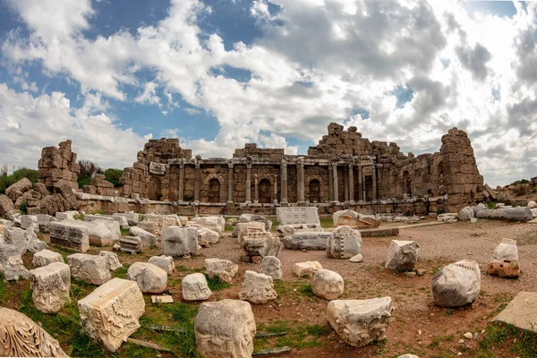 Ancient Side City Agora Ruines Hall Central Côté Province Antalya — Photo