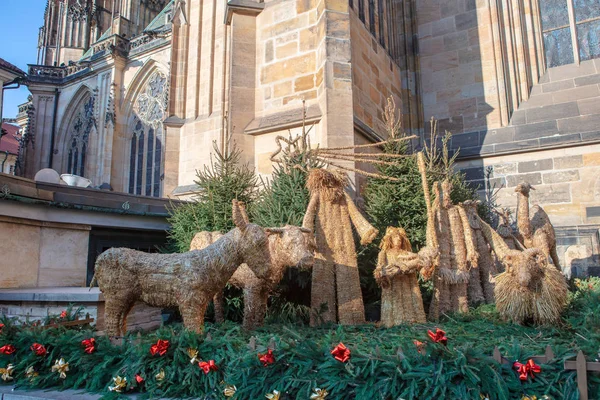 Kerst Nativity Scene Cijfers Weergegeven Door Vitus Cathedral Praag Tsjechië — Stockfoto