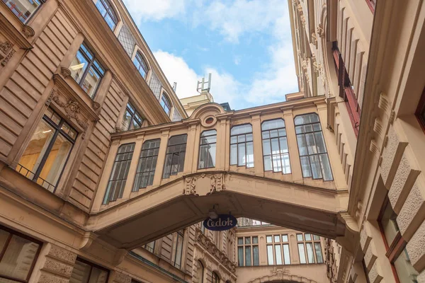 Prague Czech Republic December 2018 Two Ornamental Covered Bridges Buildings — Stock Photo, Image