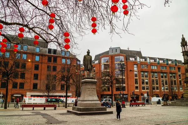 Manchester Inglaterra Febrero 2019 Decoraciones Linternas Rojas Albert Square Manchester — Foto de Stock