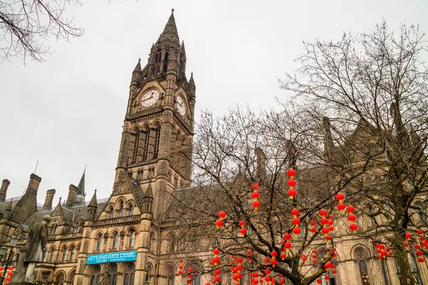 Manchester England Februari 2019 Röda Lyktor Dekorationer Manchesters Albert Square — Stockfoto