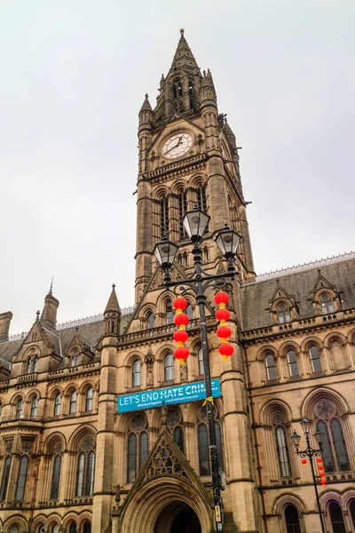 Manchester England Februari 2019 Röda Lyktor Dekorationer Manchesters Albert Square — Stockfoto