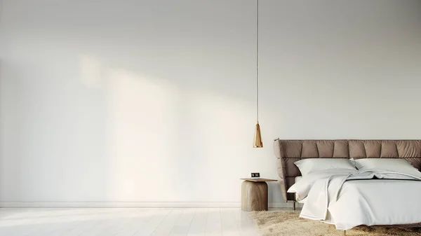 Sabahları güneşli beyaz yatak odası. 3B işleme