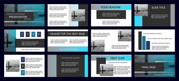 Black, blue gradient, elements on white and gray background. Business Marketing advertising presentation template, annual report, flyer banner. PowerPoint