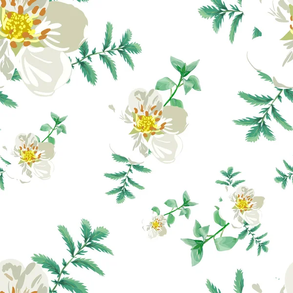 Fundo Floral Sem Costura Branco Folhas Verdes Brilhantes Raminhos Flores —  Vetores de Stock