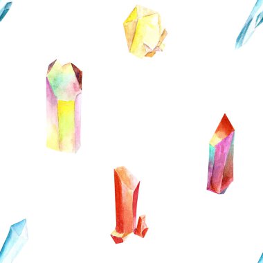 Kristaller, cevheri, cam, parlak izole suluboya deseni. çizilmiş.