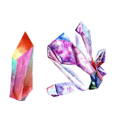 Kristaller, cevheri, cam, parlak izole suluboya kümesi. çizilmiş.