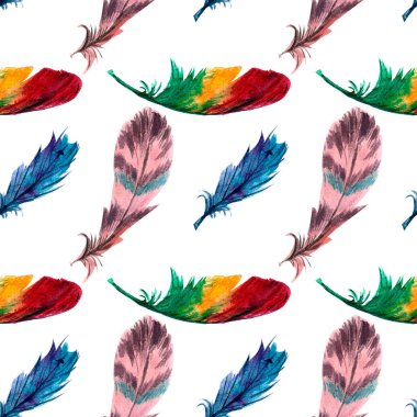 Sulu boya desen tüyleri parlak renkli, beyaz bir arka planda, eller tarafından çizilmiş olan.