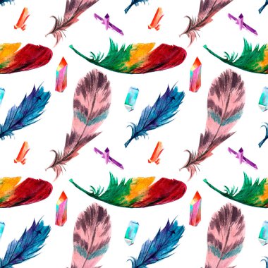 Sulu boya desen tüyleri parlak renkli, beyaz bir arka planda, eller tarafından çizilmiş vardır. Kristal