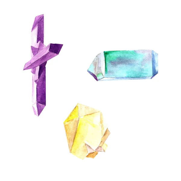 Set Acquerello Cristalli Minerale Vetro Luminoso Isolato Disegnati Mano — Foto Stock