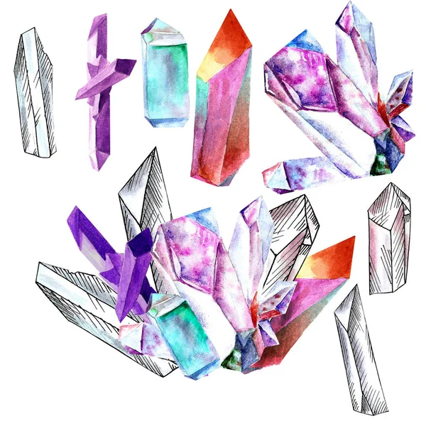 Kristaller, cevheri, cam, parlak izole suluboya kümesi. çizilmiş.