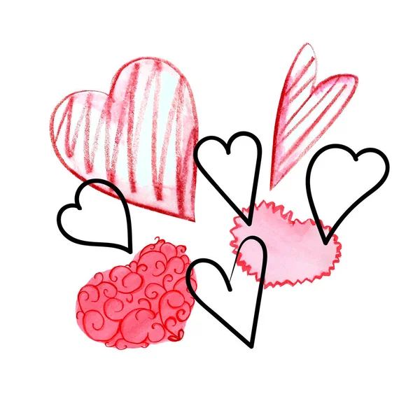 Kalp, suluboya kartpostal. tatil günü. Yazdırma banner.red çizilmiş kalem.