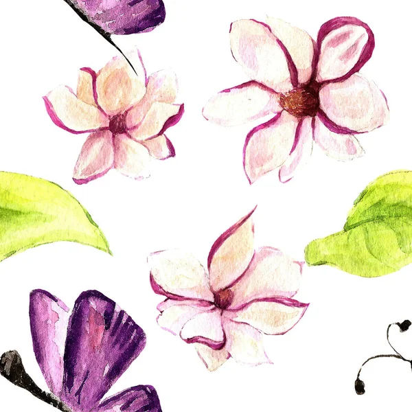 Florale Aquarellmuster Tapete Drucken Darzustellen Handgezeichnete Farben Lebendiges Material Magnolie — Stockfoto