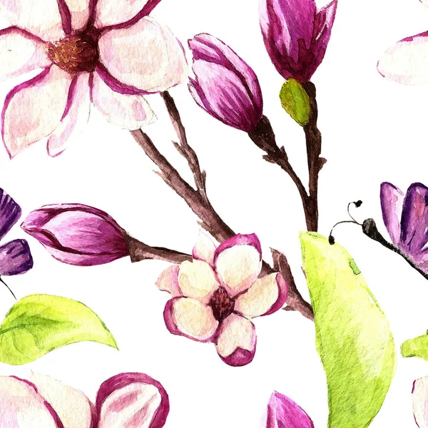 Florale Aquarellmuster Tapete Drucken Darzustellen Handgezeichnete Farben Lebendiges Material Magnolie — Stockfoto