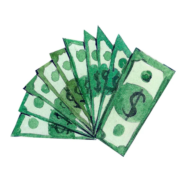 Akvarell Dollarsedlar Handritade Grön Isolerad Vit Bakgrund Ljusa — Stockfoto