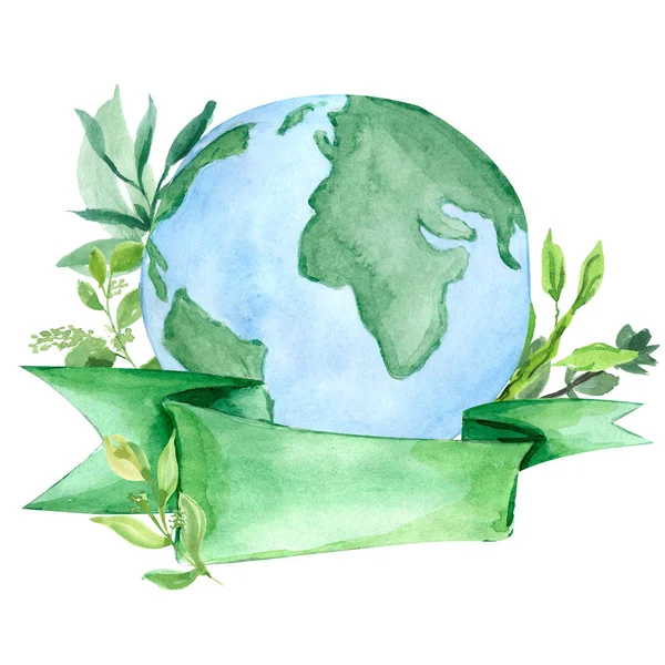 Aarde aquarel geschilderd illustratie, dag van de aarde, ecologie, Globe. belettering tape, groene twijgen, bladeren, natuur — Stockfoto