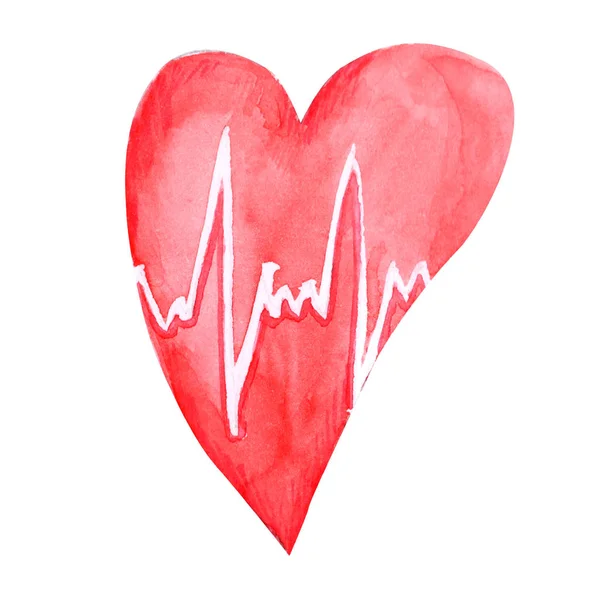 Aquarel hart gezondheid, en cardiogram. hart-en vaatziekten, hartslag. — Stockfoto