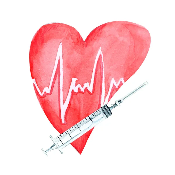 Aquarel hart gezondheid, en cardiogram. hart-en vaatziekten, hartslag. behandeling van de spuit — Stockfoto