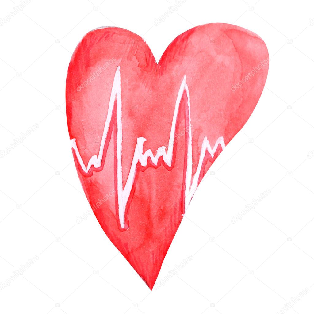 watercolor heart health, and cardiogram. heart disease, heart rate.