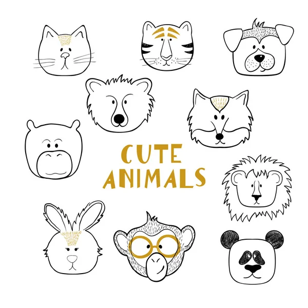Anahat komik hayvanlar kümesi üzerinde izole beyaz arka plan yüz. Vektör çizim, çocuklar tebrik kartları ve davetiyeler tasarımı için ideal.