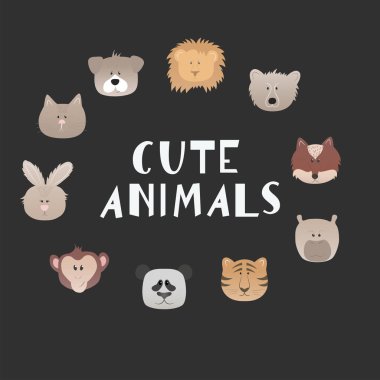 Dizi karikatür komik hayvanlar izole üzerinde siyah arka plan yüz. Sevimli vektör halat,-ebilmek var olmak kullanılmış için çocuklar tebrik kartları ve davetiyeler.