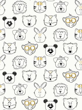 Anahat komik hayvan yüzleri seamless modeli. Elle çizilmiş esnaf, kağıt, kumaş sarma çocuklar tasarımını için idealdir.