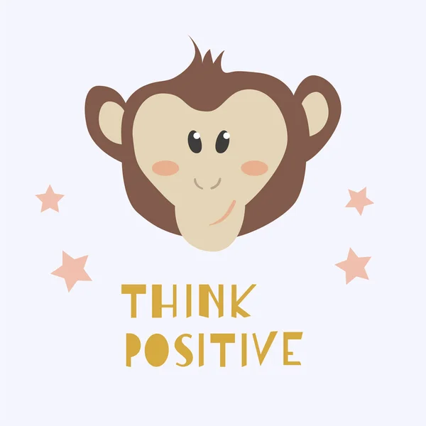 Rosto Bonito Macaco Frase Pense Positivo Ilustração Vetorial Ideal Para —  Vetores de Stock