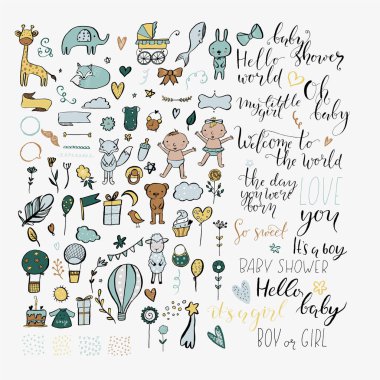 Elle çizilmiş tasarım öğeleri, sevimli karakterler, koleksiyonu modelleri, bebek duş tasarım oluşturmak için yazı vektör. Vektör çizim.