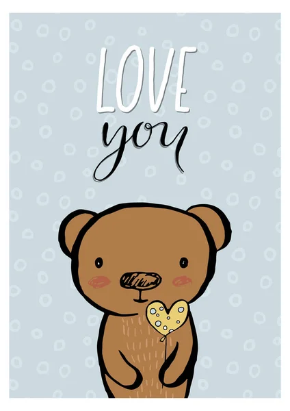 Tarjeta Felicitación Con Oso Frase Dibujada Mano Amo Ilustración Vectorial — Vector de stock