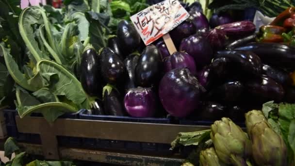 Puesto Mercado Alimentos Los Agricultores Con Variedad Verduras Orgánicas Colorido — Vídeos de Stock
