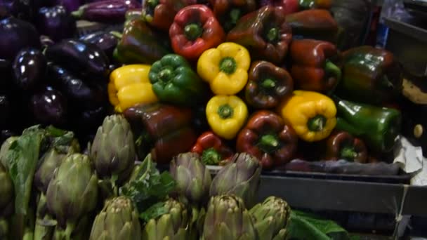 Mercado Alimentos Dos Agricultores Estol Com Variedade Vegetais Orgânicos Colorido — Vídeo de Stock