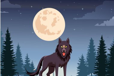 Parlak bir dolunayın altında duran vahşi kurt, karanlık bir ormanda parlayan gözler, yıldızlı gökyüzünün altında çam ağaçları, vahşi yaşam konsepti