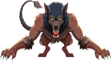 Saldırgan kahverengi kurt adam canavarı hırlıyor, dişleri ve pençeleri sökülüyor, saldırmaya hazırlanıyor. Efsanevi bir yaratığı temsil ediyor.