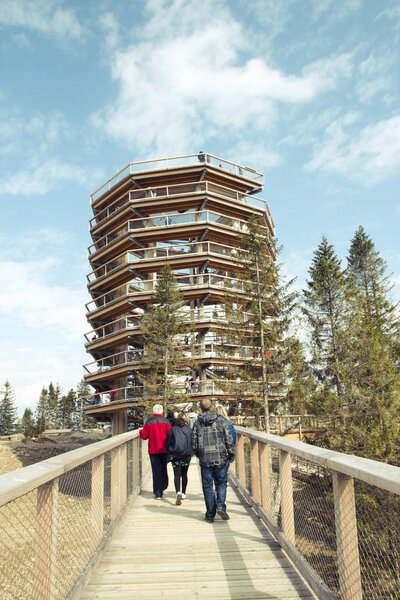 A group of tourists walking on a wooden bridge to a large spiral view tower in the middle of the forest against the blue sky