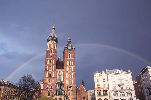 Main Square Krakow Cathedral Mariacki Rain Rainbow Dark Blue Sky — Stock Photo, Image