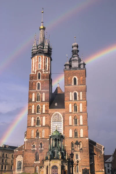 Main Square Krakow Mary Basilica Rain Two Rainbow Purple Sky — Stock Photo, Image