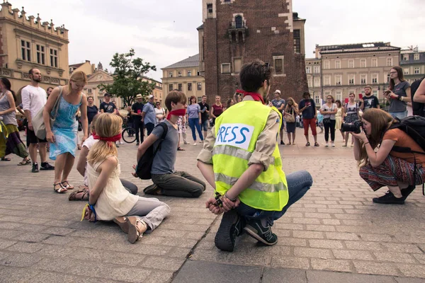 Krakau Polen 2018 Menschen Auf Dem Platz Die Gegen Zensur — Stockfoto