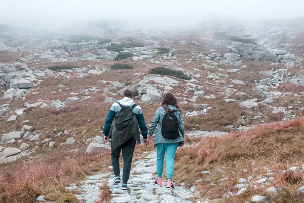 つの観光客愛少年と少女の手が自然と山の中歩いているを保持 — ストック写真