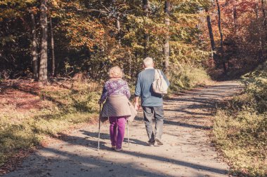 İki yaşlı insanlar bir erkek ve bir kadın yolun sonbahar ormanda yürüyor