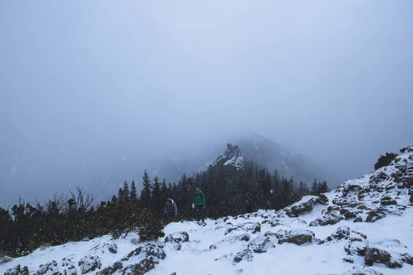 Two travelers climb the mountain in winter during a snow storm and fog