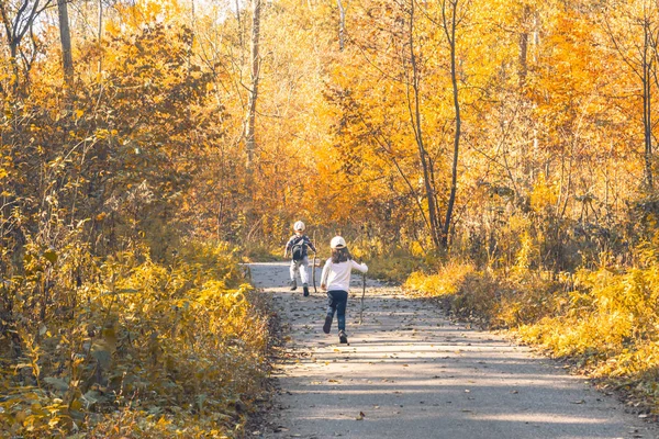Malý chlapec a dívka běžícím v podzimním lese — Stock fotografie