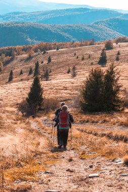 Sonbaharda büyük sırt çantalı iki yaşlı insan yürüyüşe çıkar. 