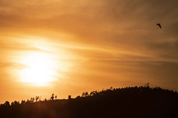 Berg Silhouet Rivier Met Zonsondergang Portugal — Stockfoto