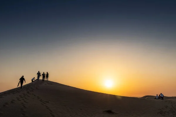 Группа Друзей Веселящихся Пустыне Абу Даби Вершине Дюны Заняться Серфингом — стоковое фото