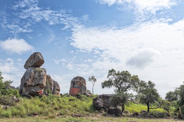 Kuzey Angola'ya giden yolda Afrika bitki örtüsüne tek başına yerleştirilen yalnız taşlar. Soyo, ne? Afrika.
