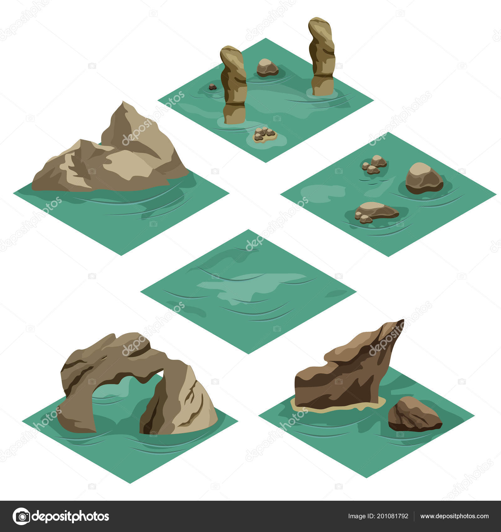 Plage Paysage Isométrique Tuile Ensemble Dessin Animé Jeu