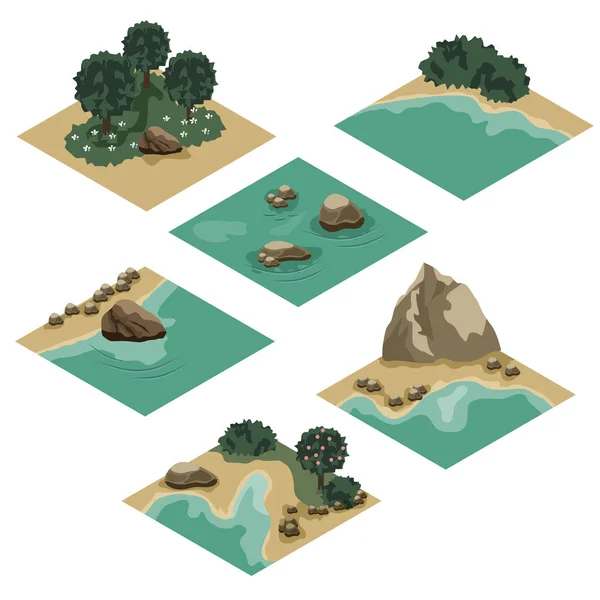 Beach landscape isometric tile set. Cartoon or game asset to create landscape scene and background with sea coast, sand beach, rocks and trees. Isolated isometric tiles, vector illustration